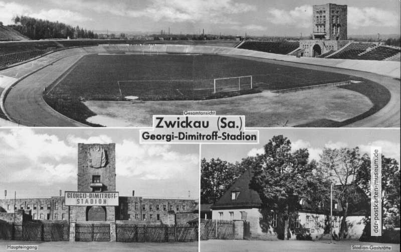 Georgi-Dimitroff-Stadion Zwickau, Haupteingang und Gaststätte - 1963