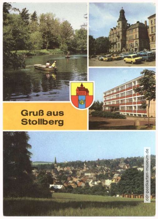 Walkteich, Markt mit Rathaus, Erich-Weinert-Oberschule, Blick auf Stollberg - 1988