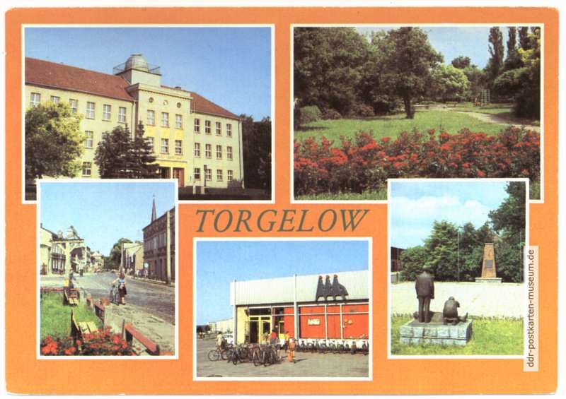 Kopernikus-Oberschule, Park am Rathaus, Clara-Zetkin-Straße, HO-Kaufhalle, OdF-Ehrenmal - 1982