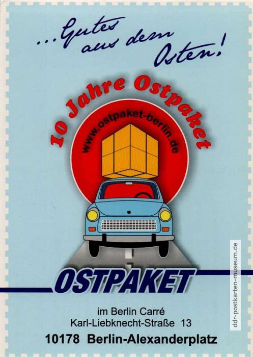 Reklamepostkarte des Ostproduktegeschäfts "Ostpaket", Logo mit himmelblauem Trabant - 2010