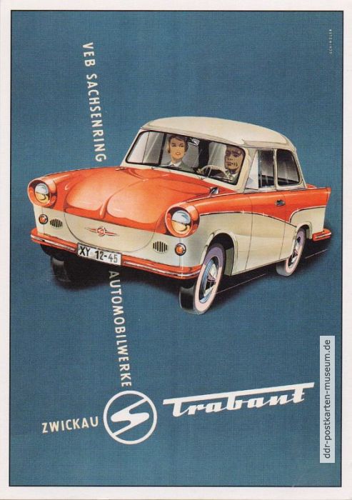 Ostalgie-Postkarte mit Werbeplakat für Trabant "P 80" von 1957