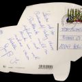 Rückseite der Ostalgiepostkarte mit ausgestanzter Trabi-Karosse - 1997