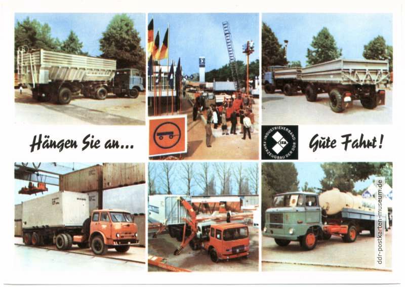 Werbepostkarte mit IFA-Nutzfahrzeugen bei der Leipziger Messe - 1973