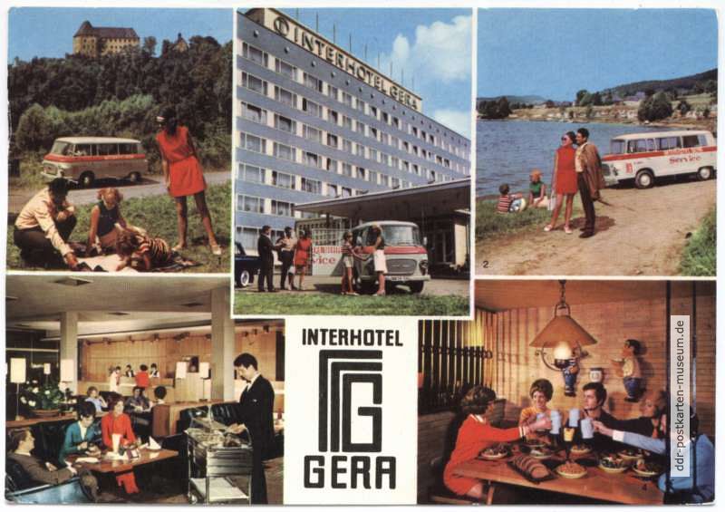 Werbepostkarte mit Schloß Burgk, Bleiloch-Talsperre, Hotelhalle und Bierhöhle im Interhotel "Gera" - 1978