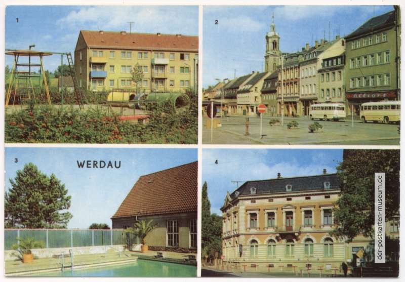 Neubaugebiet Werdau-Ost, Markt, Bad der Sportschule, HO-Eiscafe "Kristall" - 1971