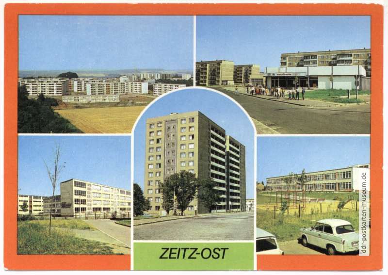 Blick zu den Neubauten, Kaufhalle, Oberschule, Hochhaus, Kinderkombination - 1985
